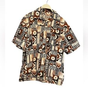 Vintage Handmade 60s 70s Barkcloth Hawaiian Mens Shirt Brown